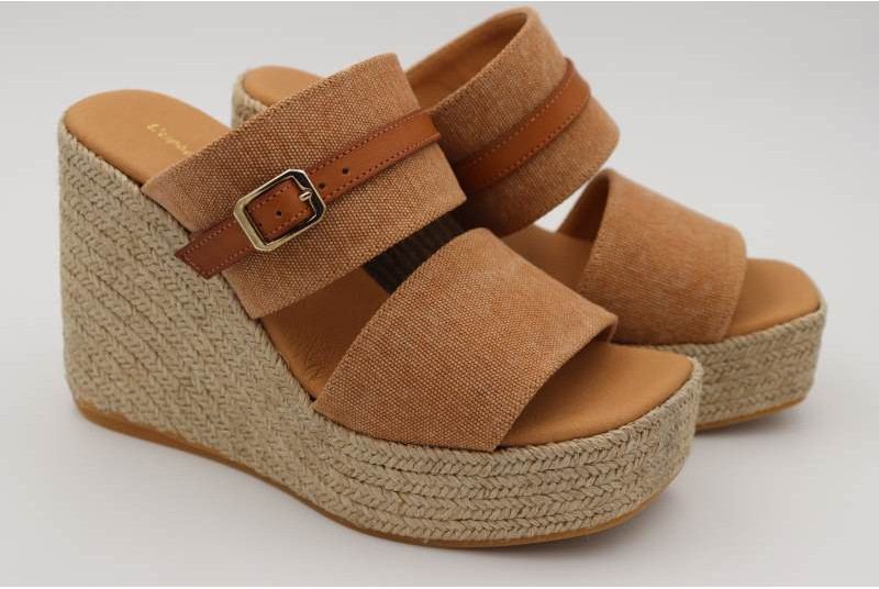 Espadrille mule compensée coton délavé camel