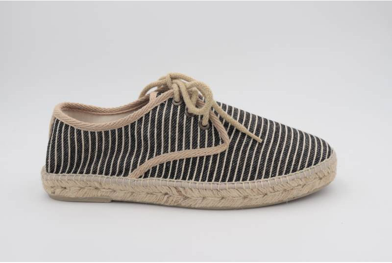 Espadrille homme derby rayée noir et lin naturel