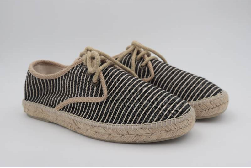 Espadrille homme derby rayée noir et lin naturel