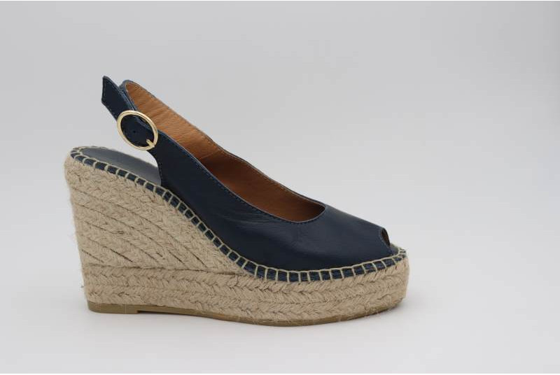 Espadrille compensée Escarpin Cathy cuir bleu marine