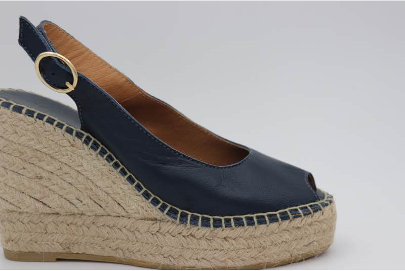 Espadrille compensée Escarpin Cathy cuir bleu marine