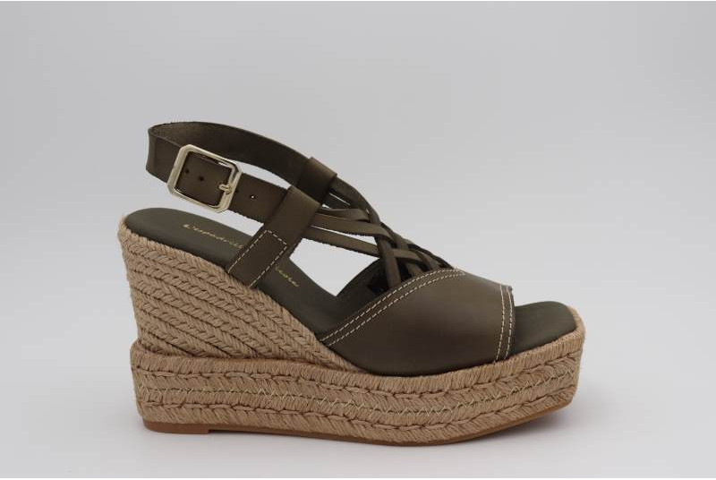 Espadrille compensée à bout carré en cuir kaki