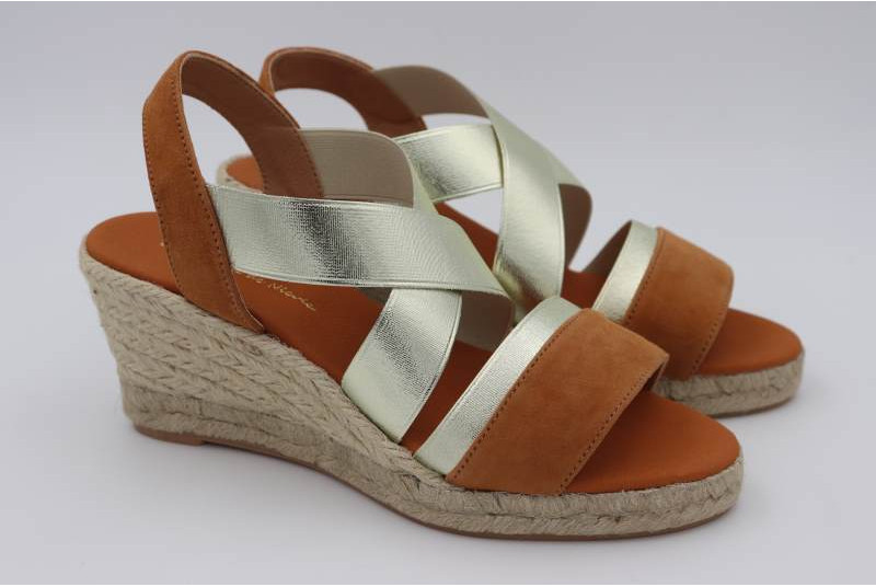 Espadrille sandale camel à élastique croisée dorée