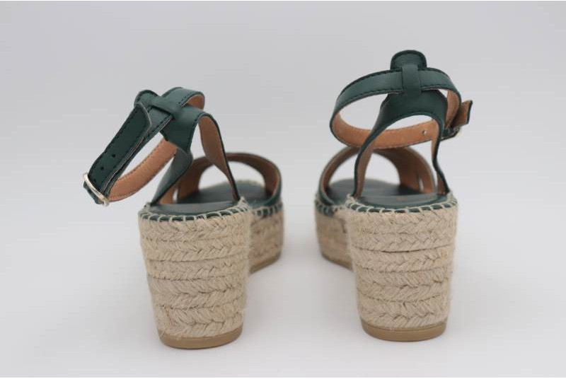 Espadrille compensée plateforme en cuir naturel vert bouteille